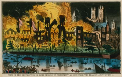 1834年10月16日、テムズ川から見た国会議事堂の両方の破壊の眺め 作： English School
