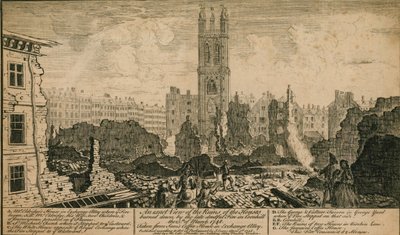 1748年3月25日にロンドンのコーンヒルで火災により焼失した家屋の廃墟の眺め 作： English School