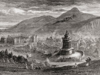 1886年に出版されたサミュエルG.グリーンによる「ペンと鉛筆で描かれたスコットランドの絵」からのカールトンヒルのバーンズ記念碑からのエジンバラの眺め 作： English School