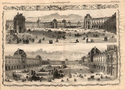 パリのルーヴル美術館（Cour Carree du Louvre）の風景。1857年8月15日の「The illustrated London News」に掲載された図版。 作： English School