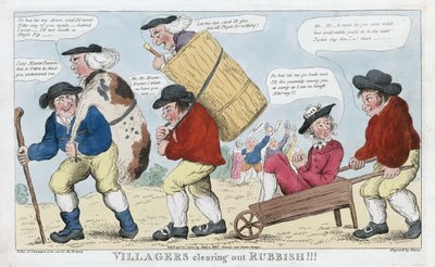 ゴミを片付ける村人たち！！、Pub.1800年（手彩色のエングレービング 作： English School