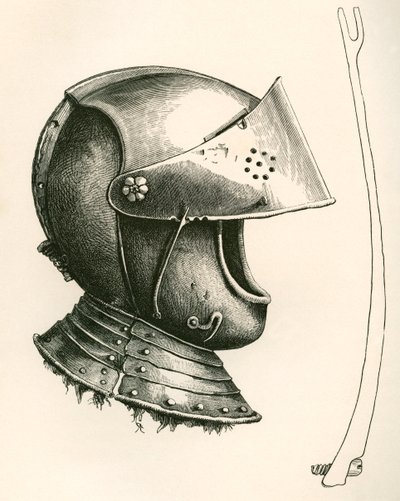 Visored kypärä vuodelta 1643. Sivulla oleva osa on täysikokoinen visiirin tuki, jota käytetään pitämään visiirin eri kulmissa käytetyn loven mukaan, julkaisusta The British Army: Its Origins, Progress and Equipment, julkaistu 1868. 作： English School