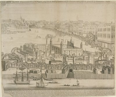 1744年にロンドン塔に運ばれる宝物のワゴン 作： English School