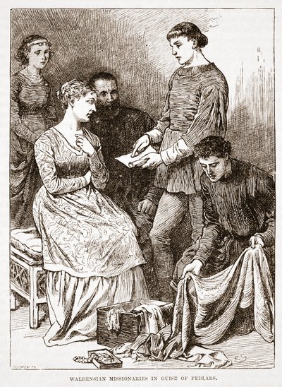 ペドラーを装ったヴァルデンシアの宣教師、ジェームズエイトケンワイリー（1808-1890）による「プロテスタンティズムの歴史」からの挿絵、パブ。 1878 作： English School