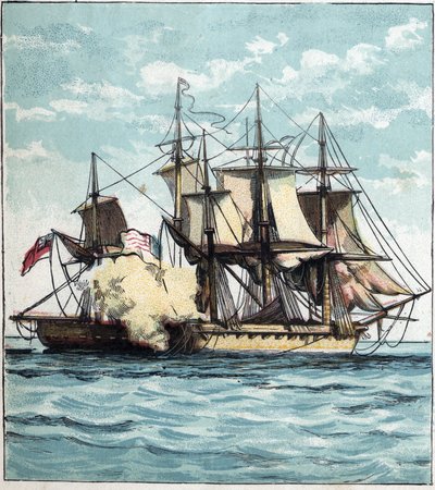 1812年の米英戦争：1813年06月01日、ボストン沖でイギリスのフリゲート艦「シャノン」と海戦した際の「チェサピーク号」の船体。