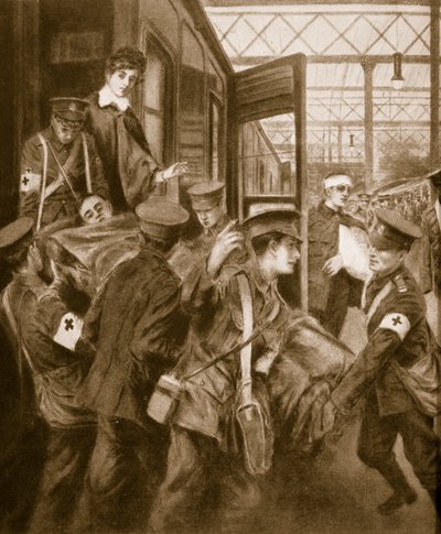 1914-19年、ロンドン鉄道の終着点に到着した戦争で負傷 作： English School