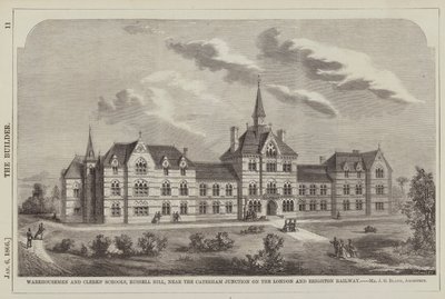ロンドンのケータハム・ジャンクション近くにあるラッセル・ヒルの倉庫員・事務員学校（彫刻 作： English School