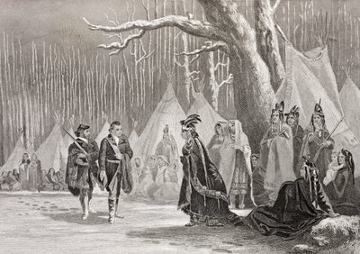 ワシントンとギストが1880年頃に出版された「歴史的肖像画のギャラリー」からインディアンの女王アリキッパを訪問 作： English School