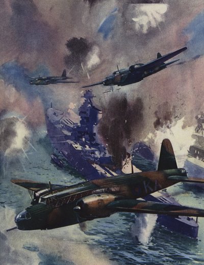 1939年にキールのドイツ海軍基地を攻撃するウェリントン爆撃機 作： English School
