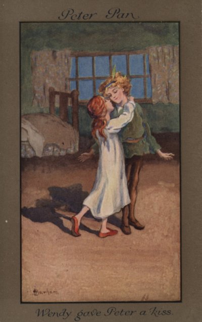 ピーターパンにキスをするウェンディ（カラーリトグラフ 作： English School