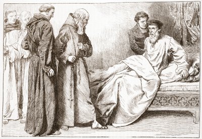 ウィクリフと修道士：ベッドチャンバーのシーン、ジェームズエイトケンワイリー（1808-1890）による「プロテスタンティズムの歴史」のイラスト、パブ。 1878 作： English School