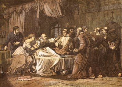T.ボルトンが刻印した、兄弟が襲った死のベッドの上のウィクリフ 作： English School