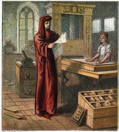 ウィリアム・カクストン（1422-1491）は、英国初の印刷人で、印刷機を持って作業場にいた。ウィリアム・カクストン（英国初の印刷人）。 作： English School