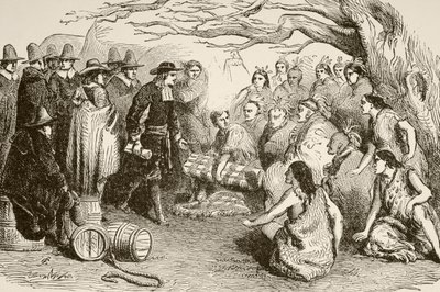 1682年、ウィリアム・ペンがデラウェア族またはレナペ族と条約を結ぶ（リトグラフ）。 作： English School