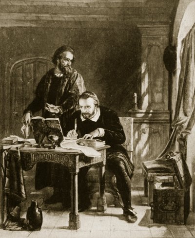 ウィリアム・ティンデールが新約聖書を翻訳、イギリス国民のハチンソン物語の挿絵、1923年頃 作： English School