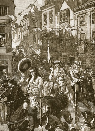 ウィリアムズのホワイトホールへの勝利の行列、カッセルズイラストレイテッドイングランドオブイングランドのイラスト（セピア写真） 作： English School