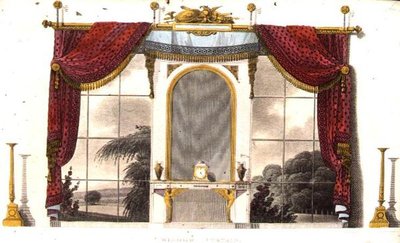 ブドワールのための窓のカーテン、アッカーマンの「芸術のリポジトリ」（1809年刊）のプレート3（カラーリトグラフ 作： English School
