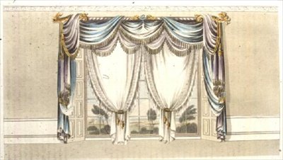 1820年に出版された「アッカーマンの芸術のリポジトリ」のプレート110に掲載された窓辺のドレープ（カラーリトグラフ） 作： English School