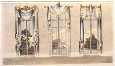 窓辺のドレープ、1820年発行のアッカーマンの「芸術のリポジトリ」のプレート112（カラーリトグラフ） 作： English School
