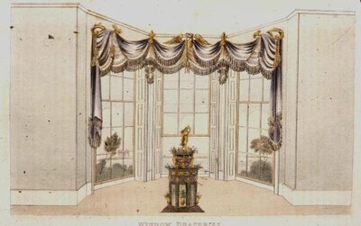 1820年に出版された「アッカーマンの芸術のリポジトリ」のプレート113に掲載された窓辺のドレープ（カラーリトグラフ 作： English School