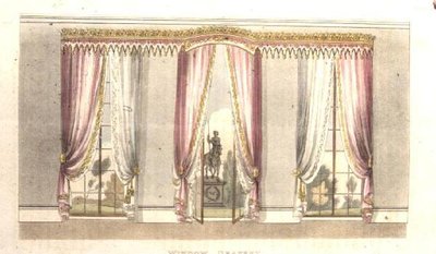 窓のドレープ、1820年発行の「アッカーマンの芸術のリポジトリ」のプレート114（カラーリトグラフ） 作： English School