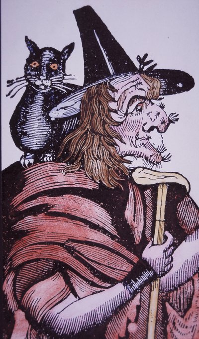 猫を連れた魔女（木版画 作： English School
