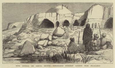 サミュエル・ブラウン将軍と一緒にジェララバードの仏陀の洞窟を見た時の様子（彫刻 作： English School