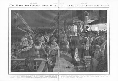 女性と子供が最初：乗客と乗組員がタイタニック号の状況にどう直面したか、The Sphere、1912年5月11日より 作： English School