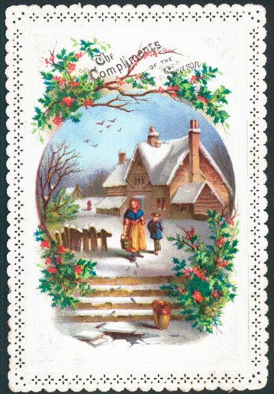 女性と雪の中、クリスマスカードを歩く少年 作： English School