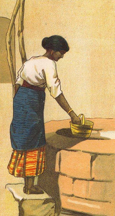 スリランカの井戸から水をくみ上げる女性（カラーリトグラフ） 作： English School
