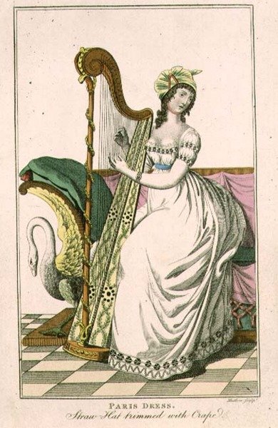 ハープを弾くパリ・ドレスと縮緬で縁取られた麦わら帽子の女性。「婦人雑誌」の挿絵で、J.Mutlow（fl.1810-40）が1817年頃に彫ったもの。 作： English School
