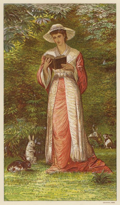 ウサギと一緒に庭で本を読んでいる女性 (色リソ) 作： English School