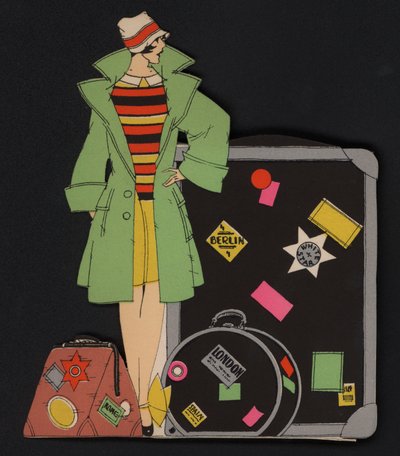 女性旅行者とその荷物（カラーリトグラフ） 作： English School