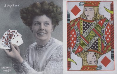 トランプとダイヤのジャックを持つ女性（カラーリトグラフ 作： 英語学校