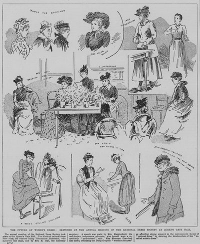 ロンドンのクイーンズ・ゲート・ホールで開催された「Rational Dress Society」の年次総会に参加した女性たち 作： English School