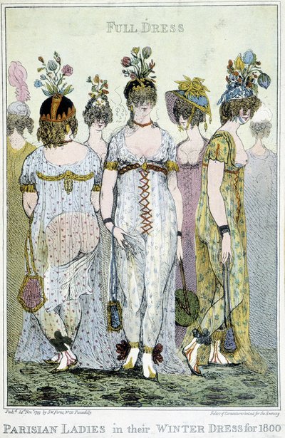 素晴らしい。1800年の冬のドレスを着たパリの女性たち、英語の漫画です。 作： English School