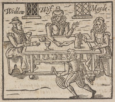 テーブルを囲む女性たちを描いた木版画「未亡人、妻、メイド 作： English School
