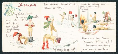 雪合戦中の木人形、クリスマスカード 作： English School