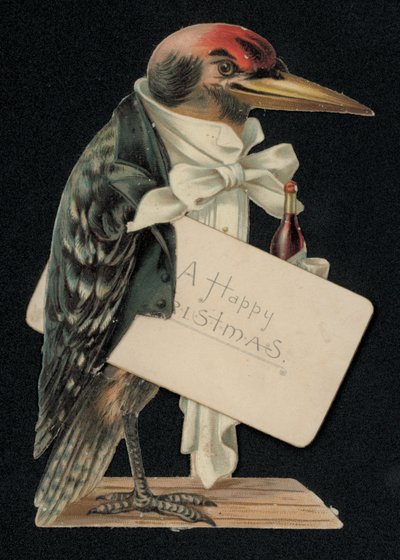 ウェイターや執事に扮したキツツキ、クリスマスのグリーティング カード (chromolitho) 作： English School