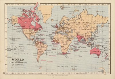 英国領と属領を示す世界（カラーリトグラフ） 作： English School