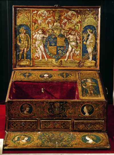 おそらくルーカスホーンボルト（c.1492-1544）が描いたライティングボックスまたはテーブルデスク（c.1492-1544）c.1525-27（クルミとオークに塗装と金色の革を塗ったもの） 作： English School