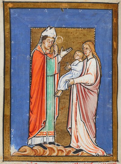 Yates Thompson 26 f.62v St. Cuthbert Healing a Child with the Plague、「St. Cuthbert の Prose Life」のイラスト、Bede (vellum) 作 作： English School