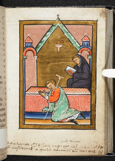 Yates Thompson Ms 26、f.79 r St Cuthbert の墓で祈る Cripple、「Bede, Prose Life of Cuthbert」のイラスト (ベラム) 作： English School