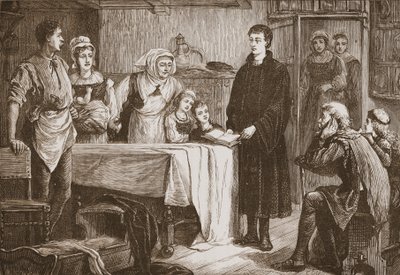 若いカルバンがブールジュの家族に聖書を説明している。 1878 作： English School