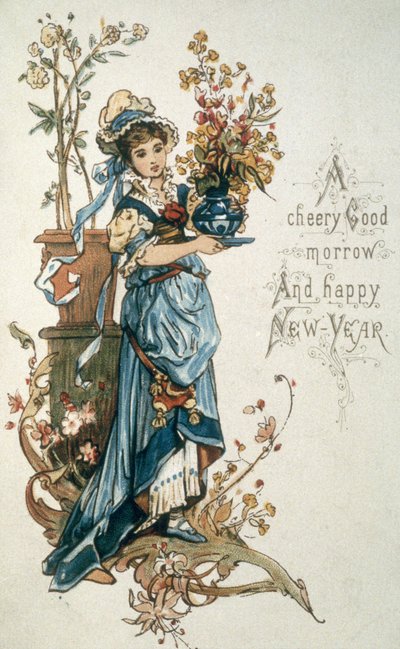 とても幸せなクリスマスと新年を願う青の少女、1900年頃 作： English School