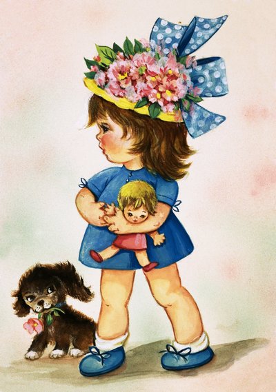 人形と子犬の花の帽子の少女 作： English School