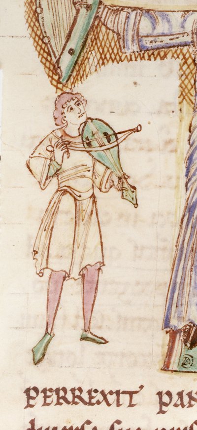 f.218v 1110 年頃の「パッショナーレ」から、レベックを演奏する男を描いた、居住されたイニシャル「T」の詳細 (ベラム) 作： English School
