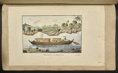 f.77 (プレート 88) ソロ川 (中部ジャワ、スラカルタ) のボート。 1817 年 2 月 4 日。前面にインクで刻まれている:「ソロ川への乗船。 1812 年 2 月 4 日」（紙に水彩） 作： English School