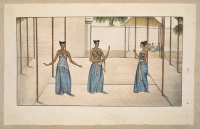 f.91 (102) 1811年から1813年にかけてソロまたはジョグジャで撮影されたセリンピのコートダンサー3人とガムランのオーケストラ（紙に鉛筆と水彩） 作： English School