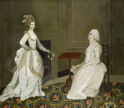 室内にいる2人の女性、一人は読書、もう一人は花輪を持つ 作： English School, 18th Century